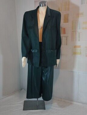 Vintage Two-Piece Set Thermos Deep Green Blazer and Wide-Leg Trousers Set
